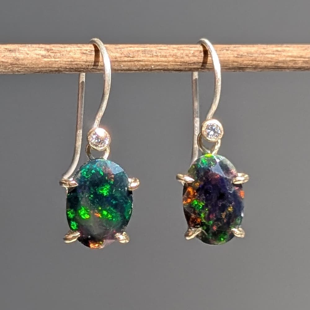 Black Opal + Diamond Earrings Gold Silver Handmade