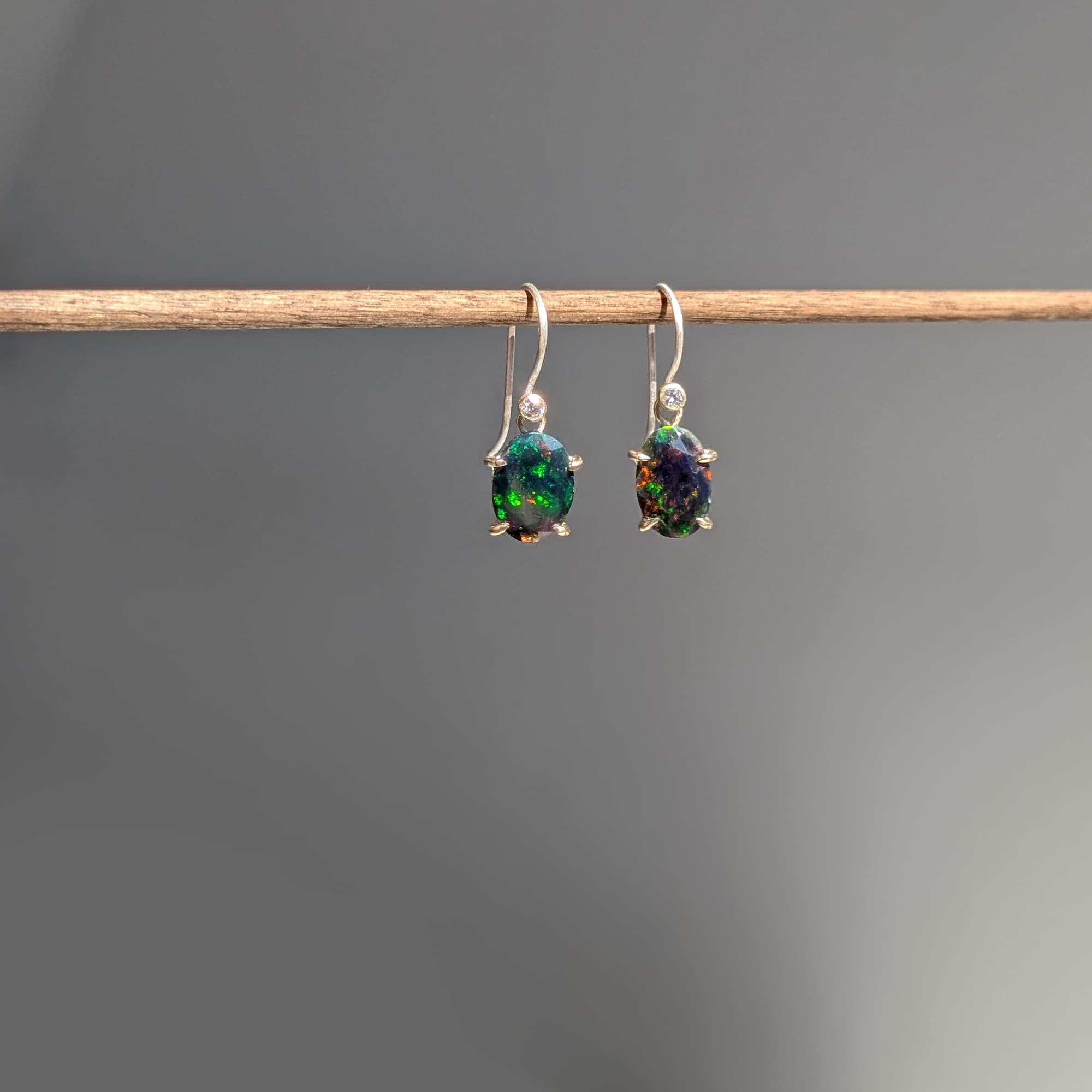 Black Opal + Diamond Earrings Gold Silver Handmade