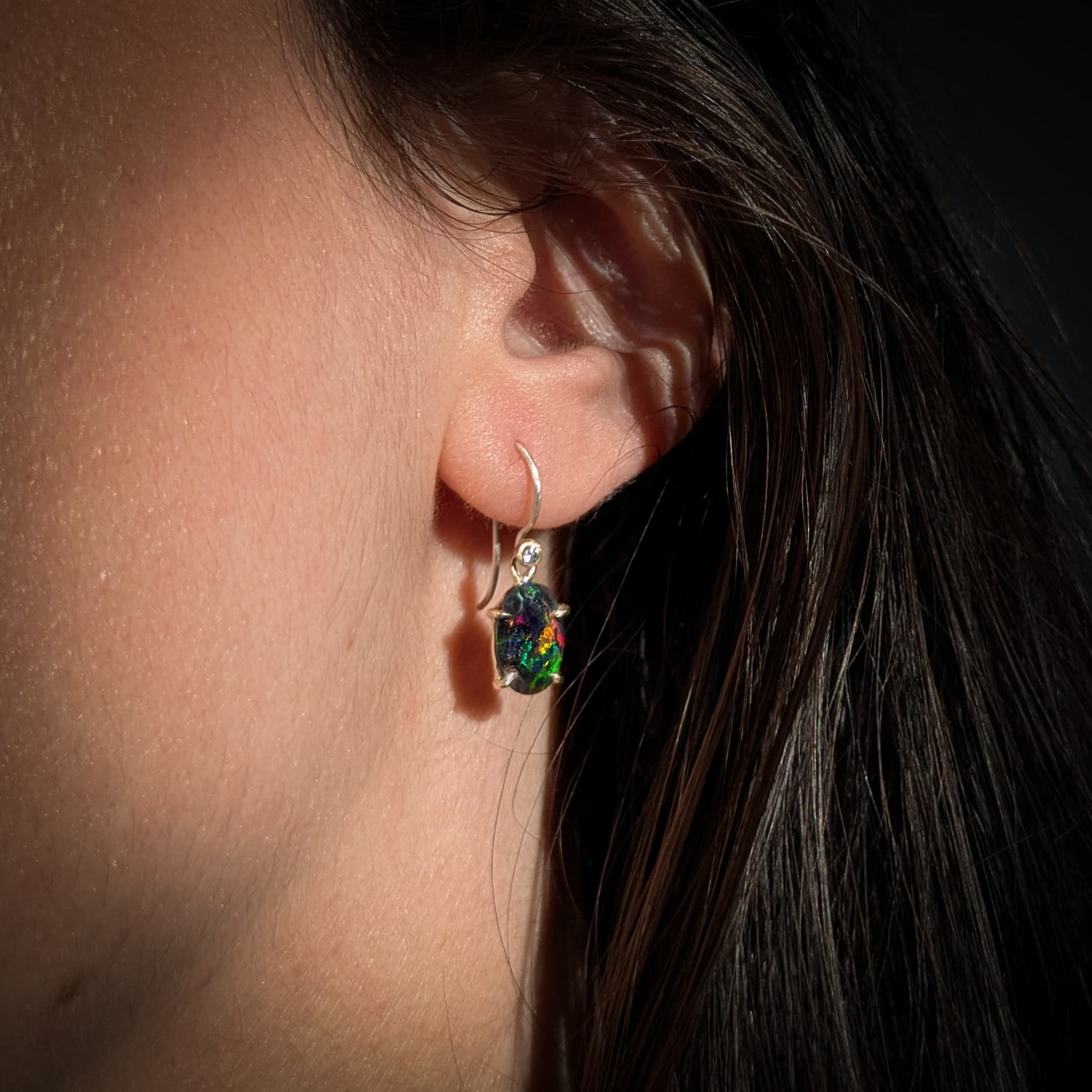 Black Opal + Diamond Earrings Gold Silver Handmade