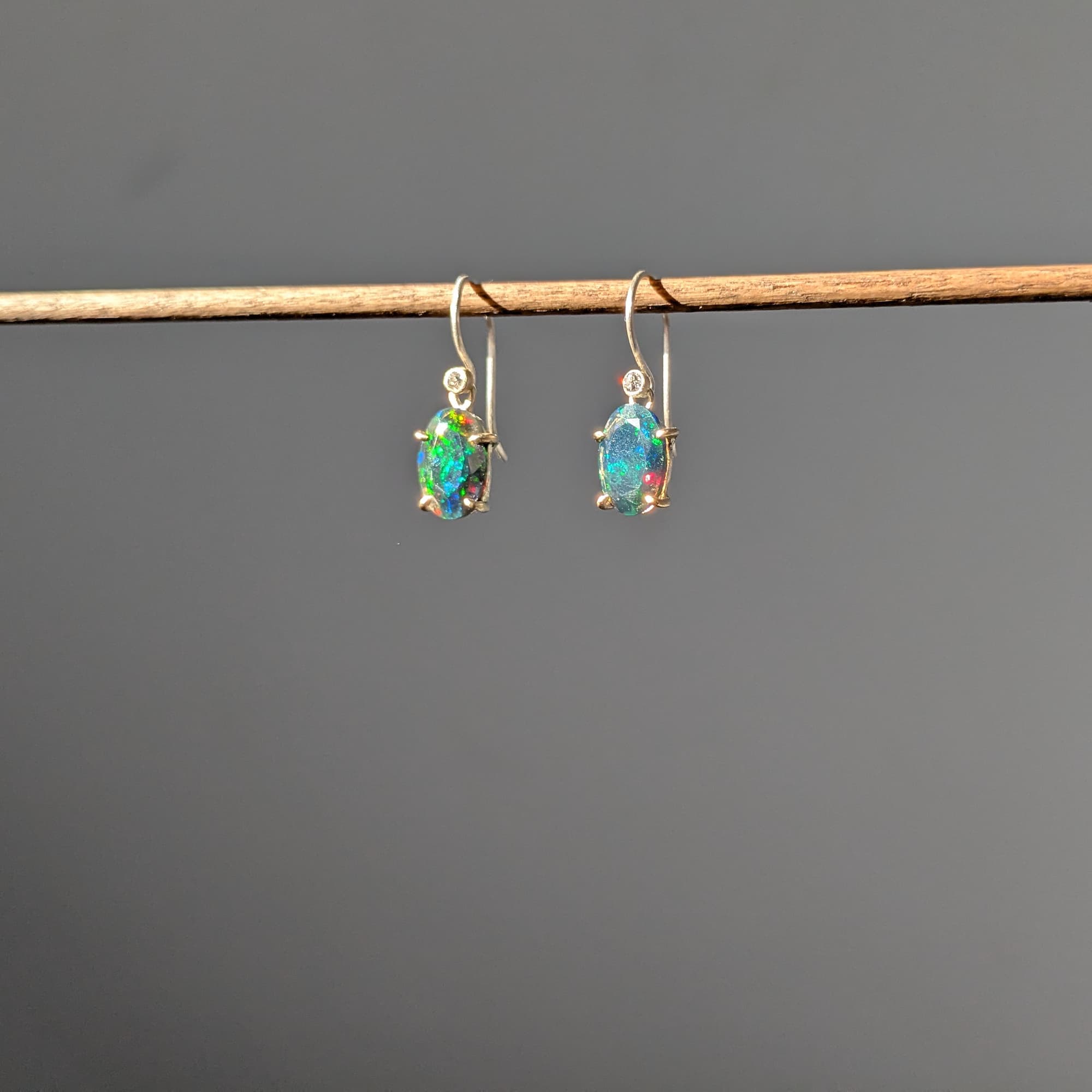 Black Opal + Diamond Earrings Gold Silver Handmade