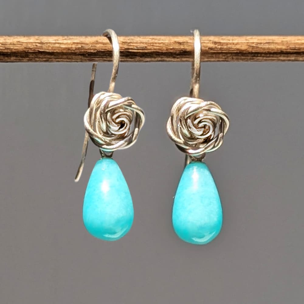 Amazonite Rose Earrings Gold Silver Handmade
