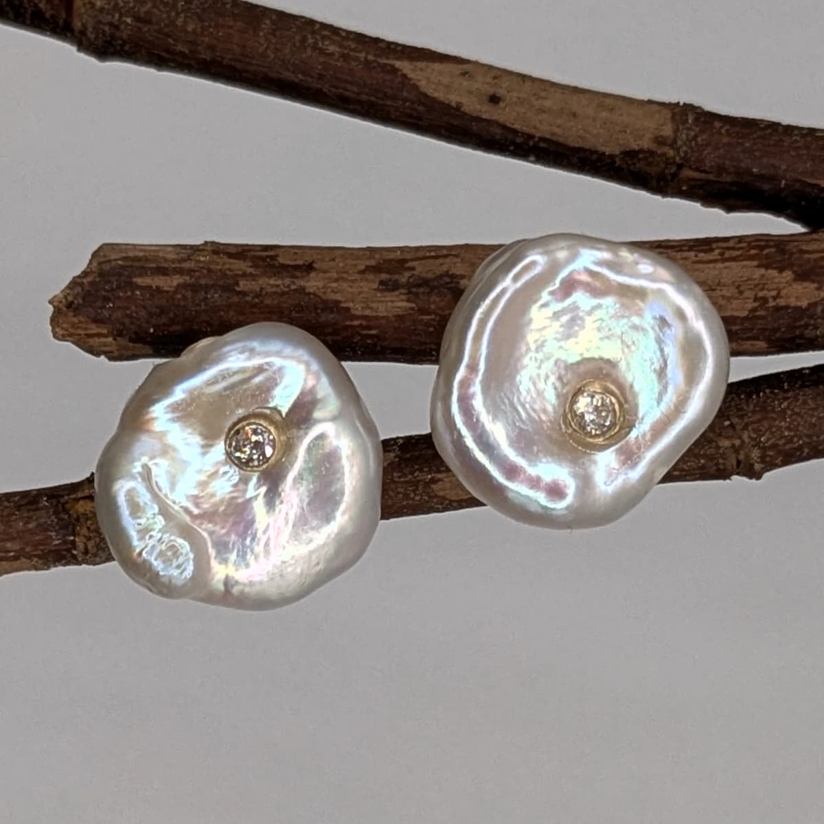 Handmade Diamond Pearl Stud Earrings in 14k or 18k Gold