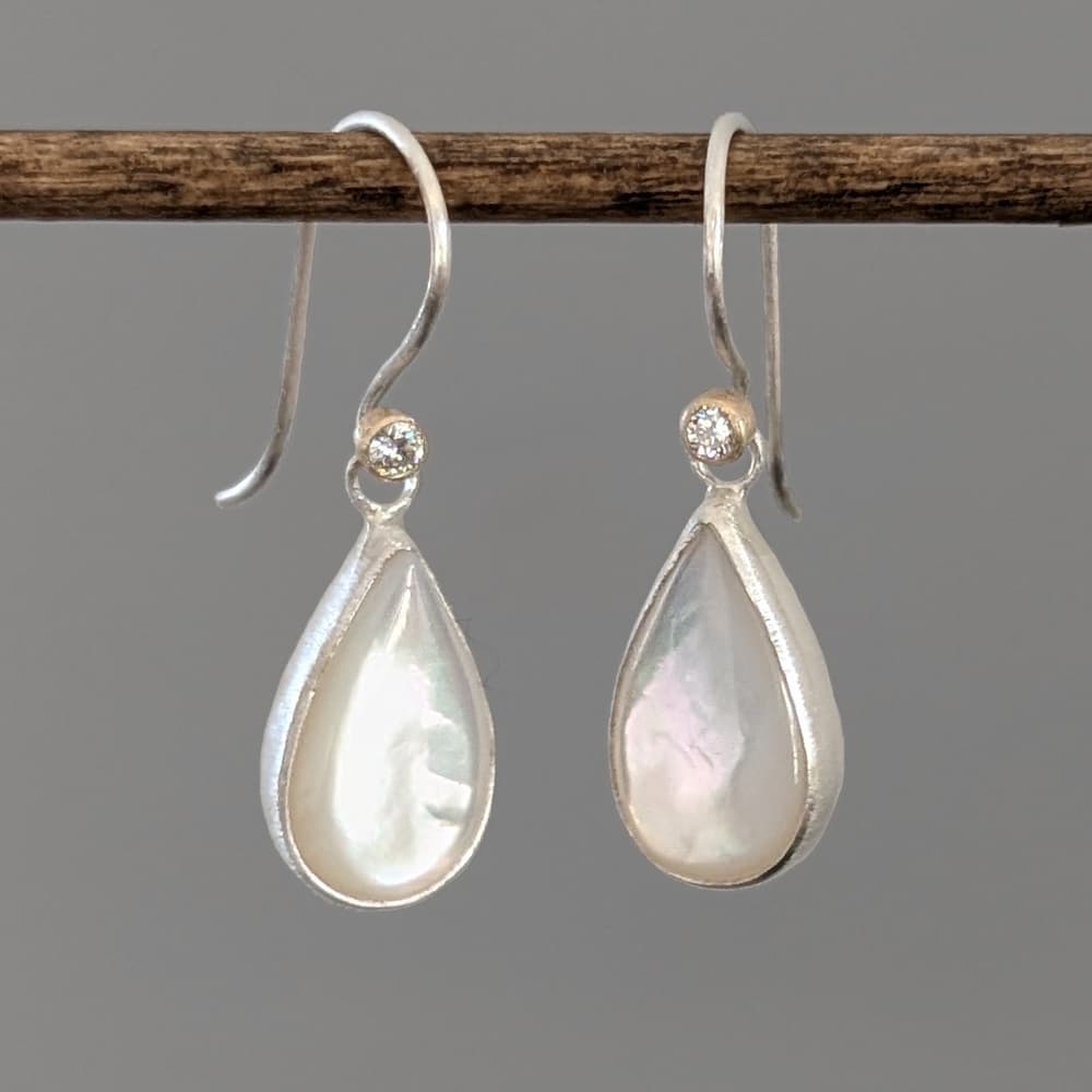 Mother of Pearl Diamond Earrings Gold Silver Handmade