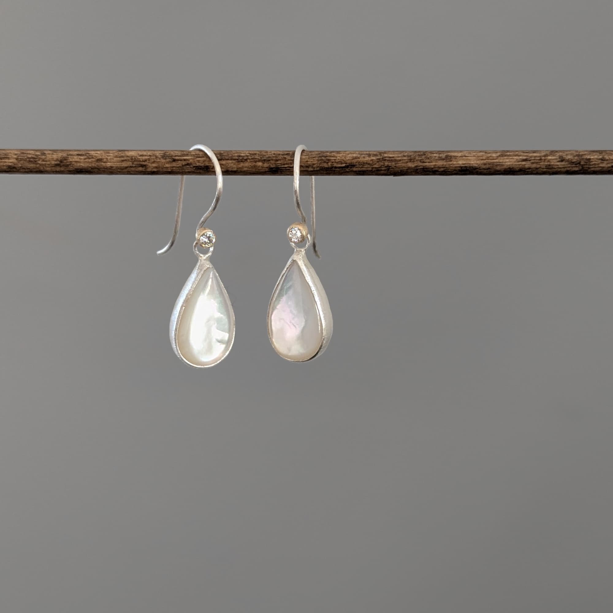 Mother of Pearl Diamond Earrings Gold Silver Handmade