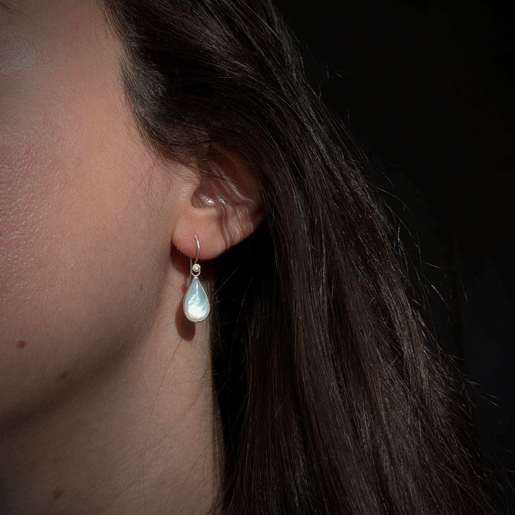 Mother of Pearl Diamond Earrings Gold Silver Handmade