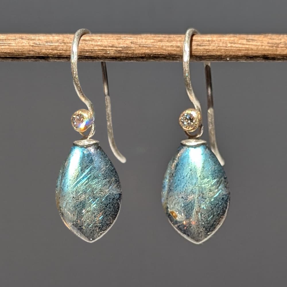Labradorite Diamond Earrings Gold Silver Handmade