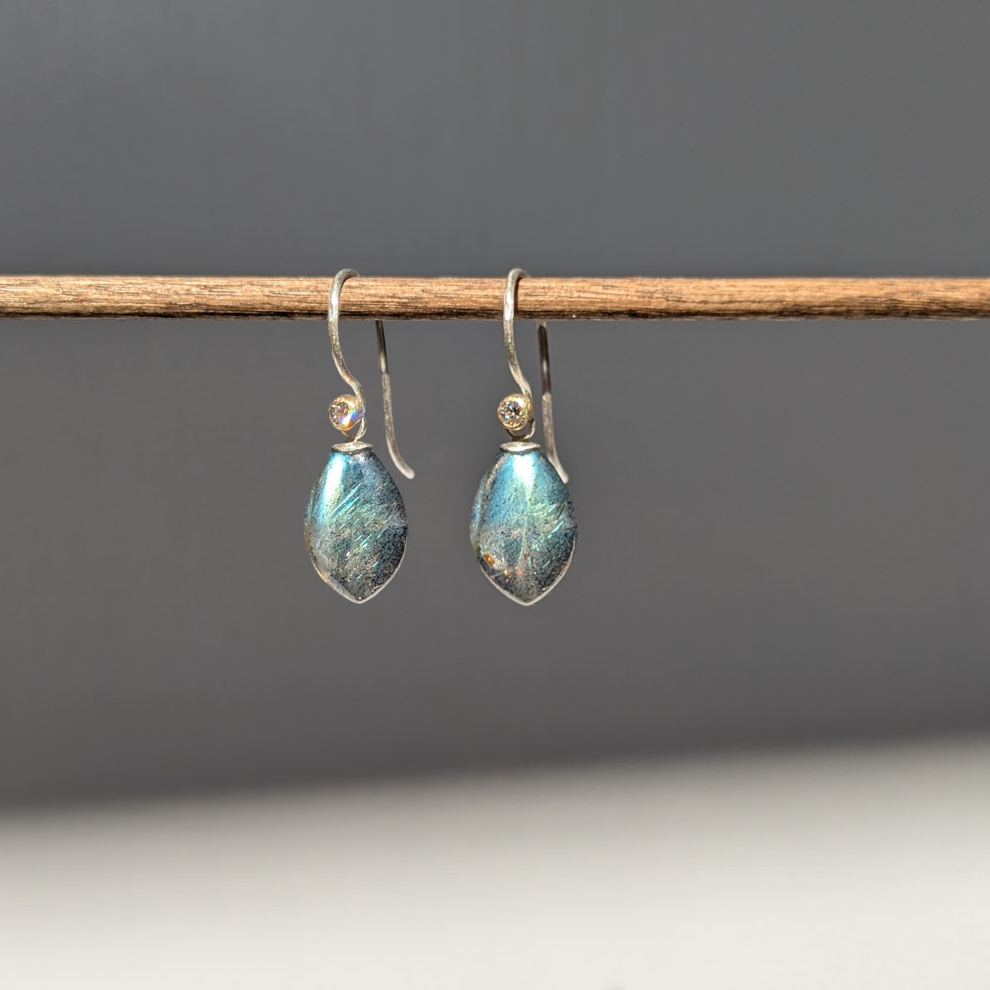 Labradorite Diamond Earrings Gold Silver Handmade