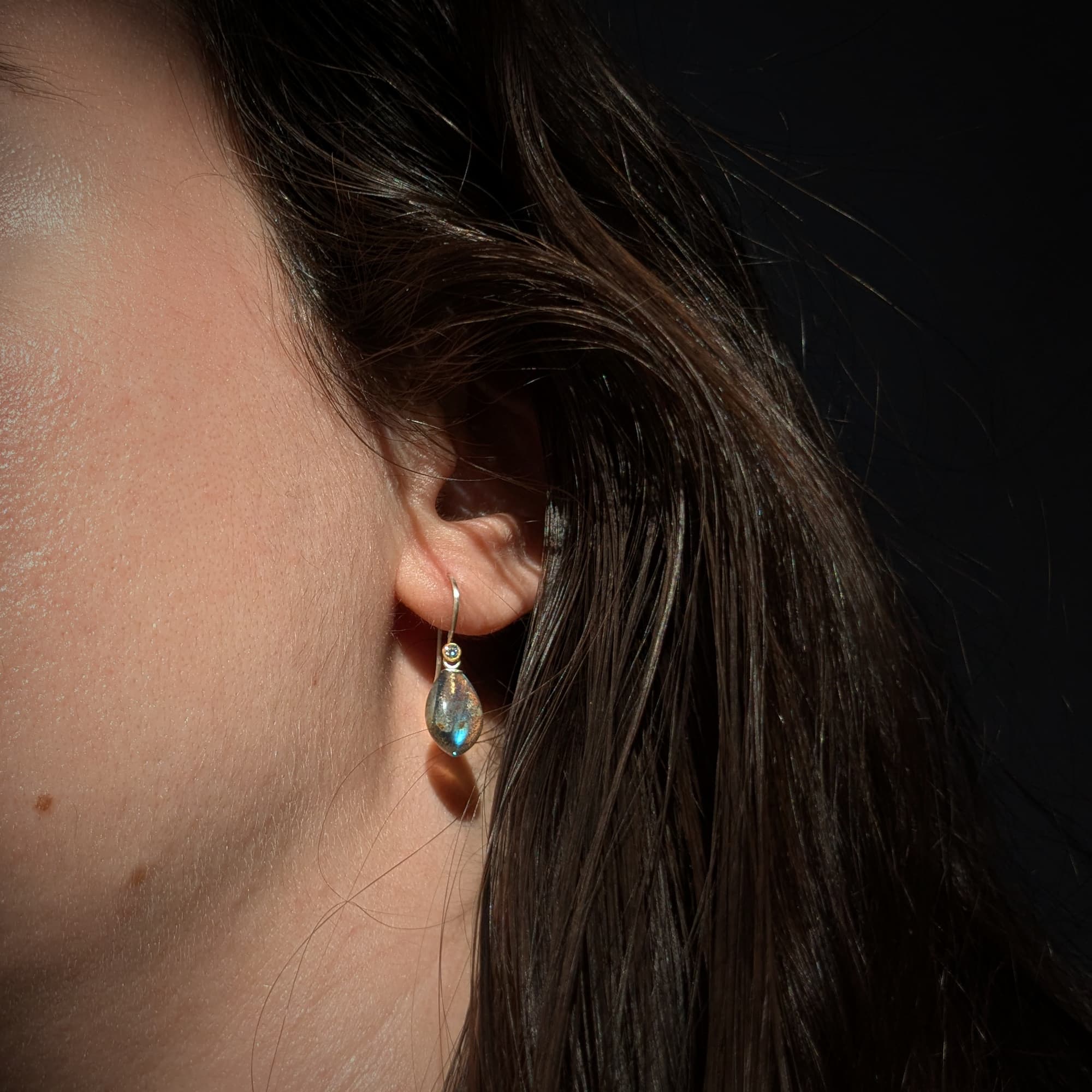 Labradorite Diamond Earrings Gold Silver Handmade