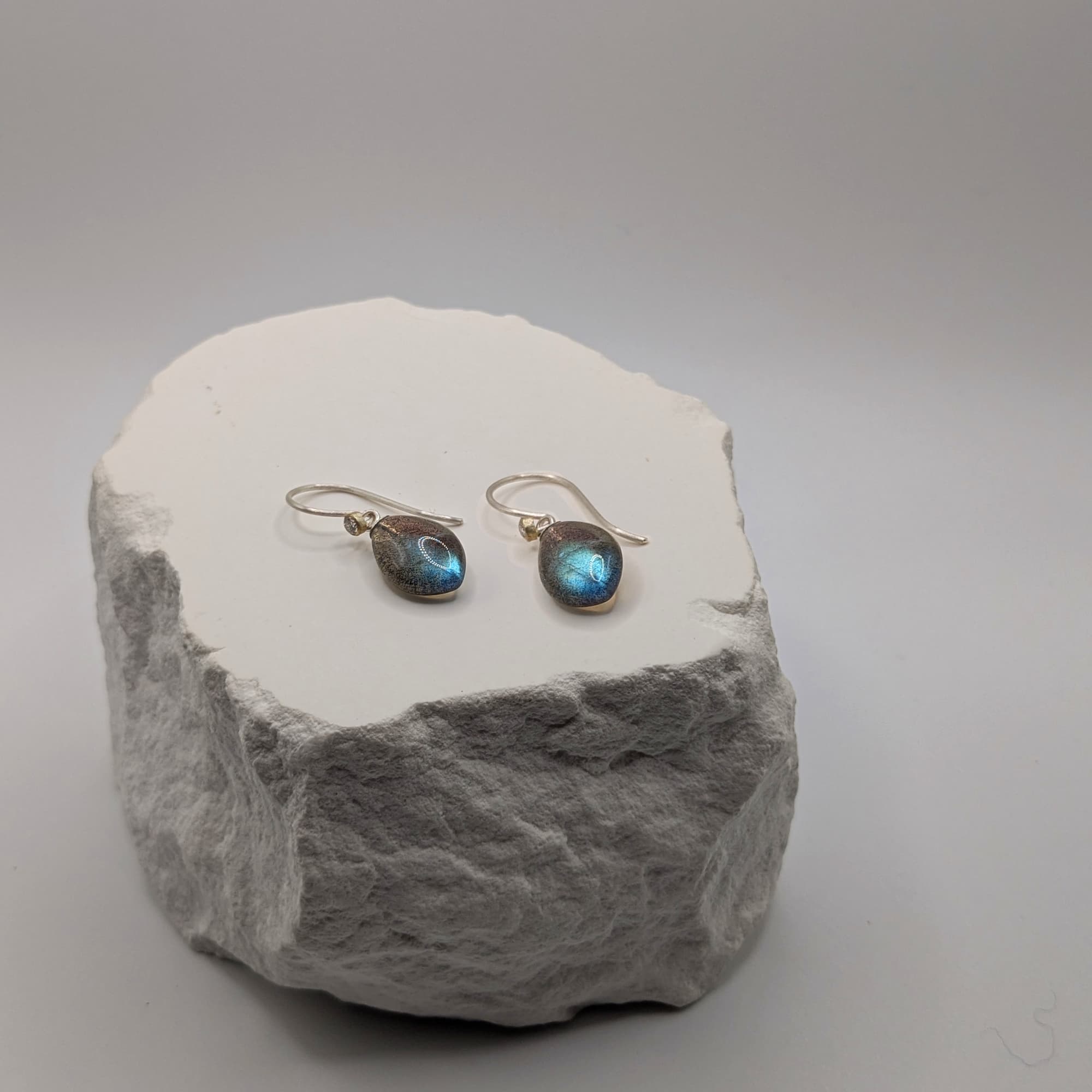 Labradorite Diamond Earrings Gold Silver Handmade