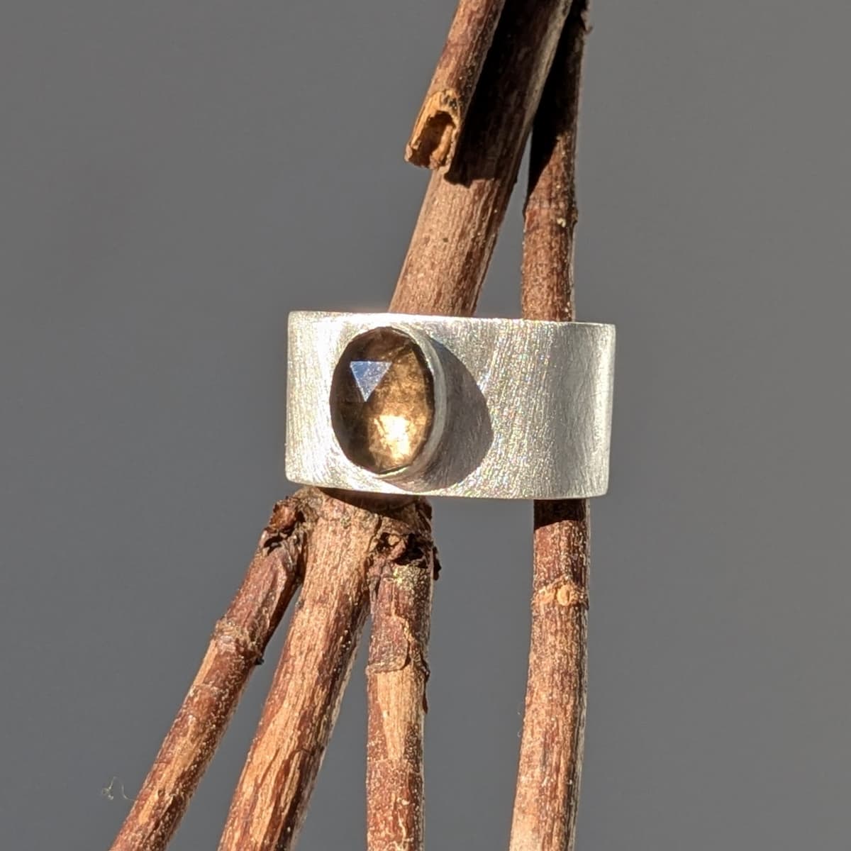 Handcrafted wide band Quartz bezel ring in 14k gold or silver