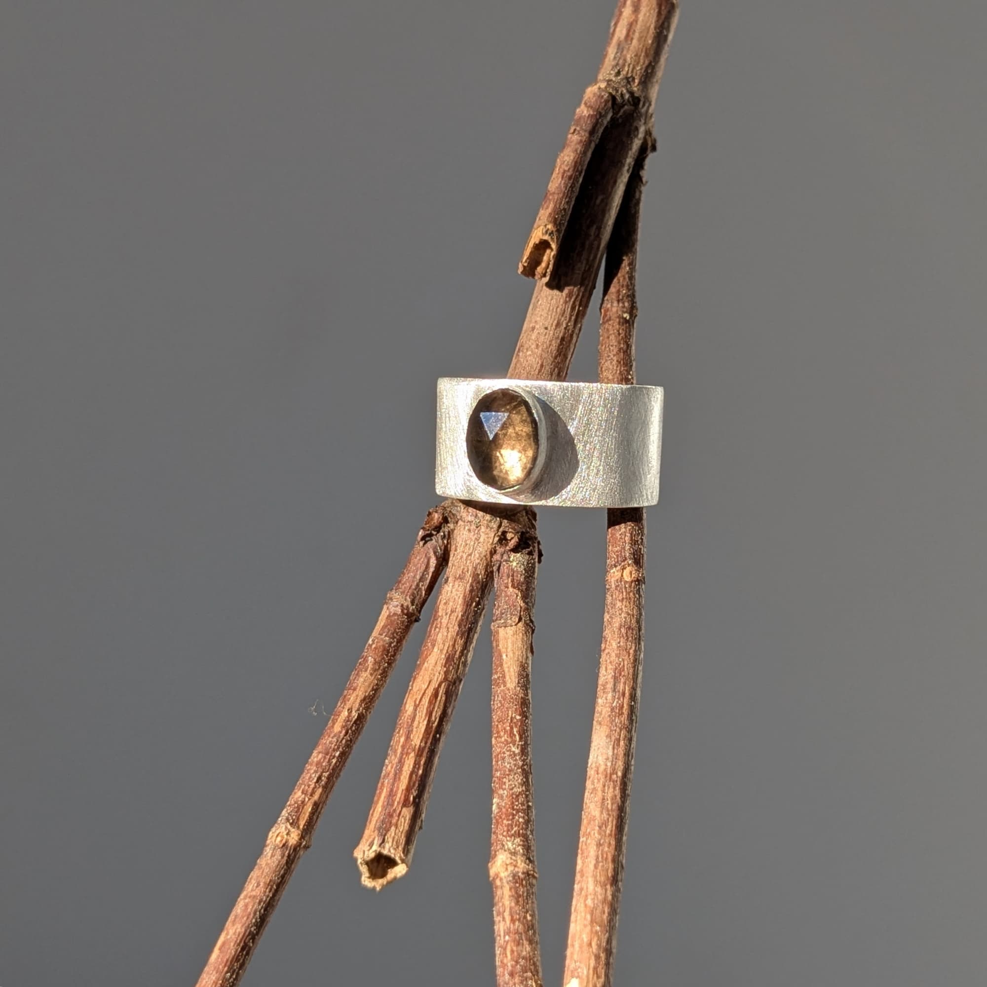 Handcrafted wide band Quartz bezel ring in 14k gold or silver